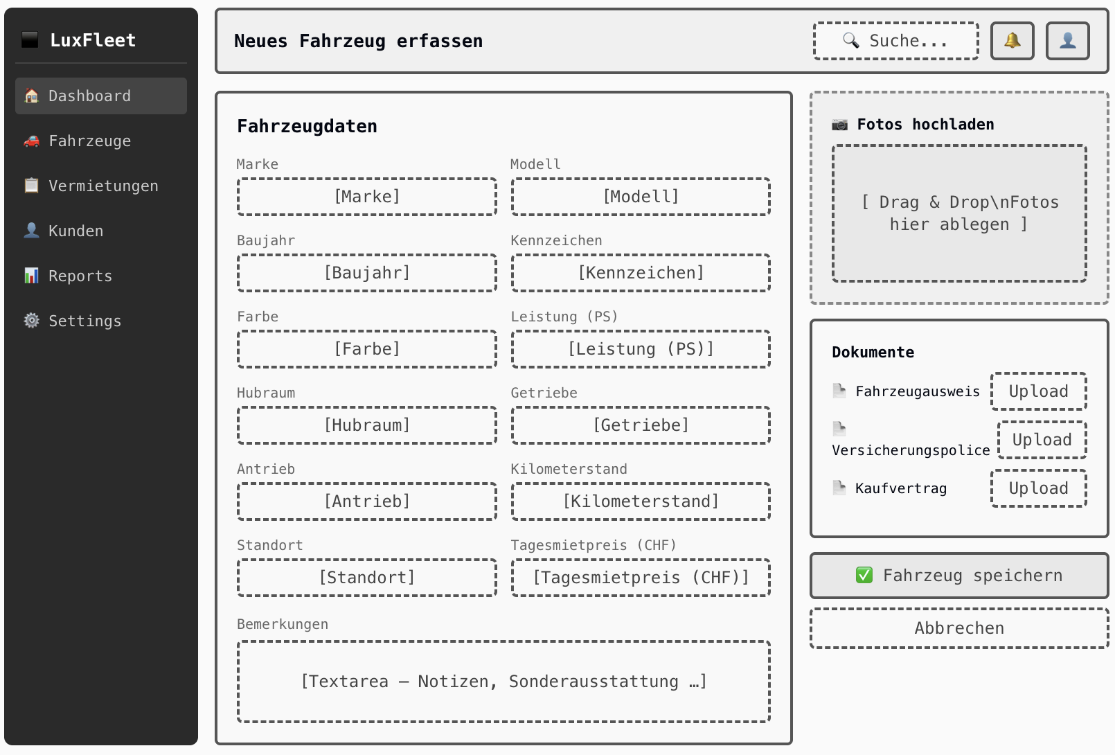 Wireframe Neues Fahrzeug